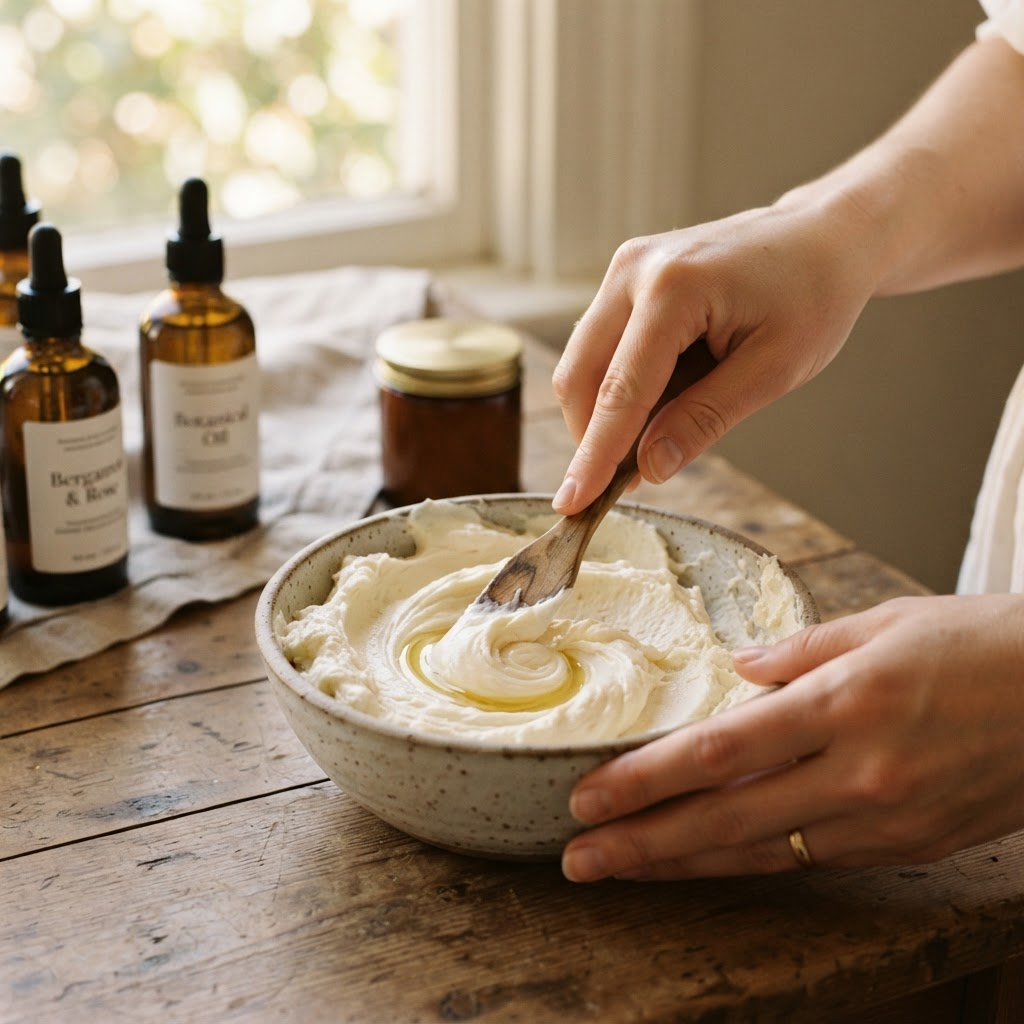 Blending fragrance oil into body butter by hand